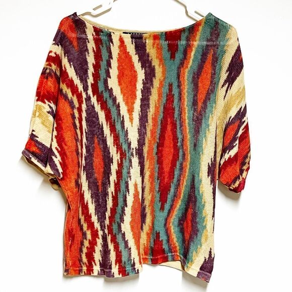 Lauren Ralph Lauren Aztec Western Short Sleeve Top Linen Blend Sz L - Picture 2 of 5